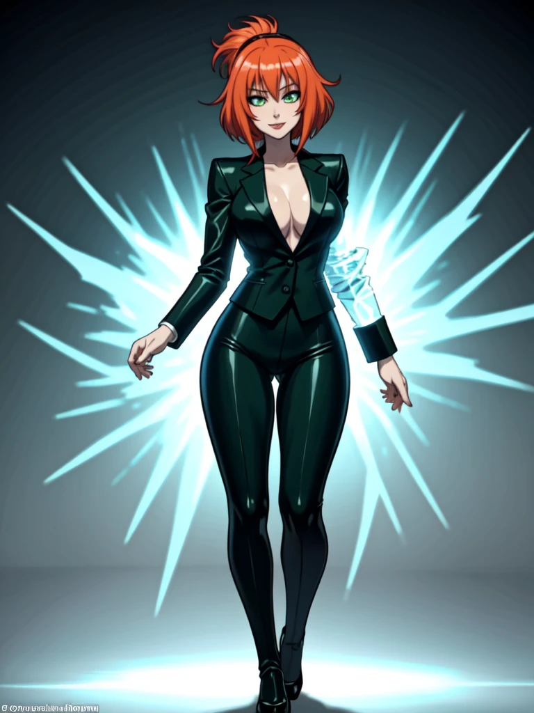 , white skin, anime woman, happy, glowing green eyes, extremely short glowing orange hair, wearing a suit, big, full body