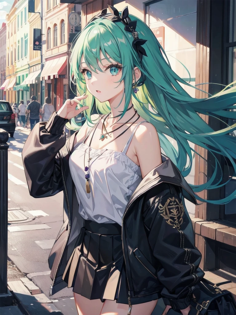 1 Girl, 最high quality, masterpiece, High resolution, [purple|Sliver|green] _hair, Black mini skirt, hair accessory, necklace, jewelry, Beautiful Face, I&#39;m looking forward to, Full body image, Realistic, Outdoor, Modern Square, Two-tone lighting, (Skin with attention to detail: 1.2), 8K Ultra HD, Digital SLR, Soft Light, high quality, Volumetric Light, Frank, photograph, High resolution, 4K, 8K, Background Blur