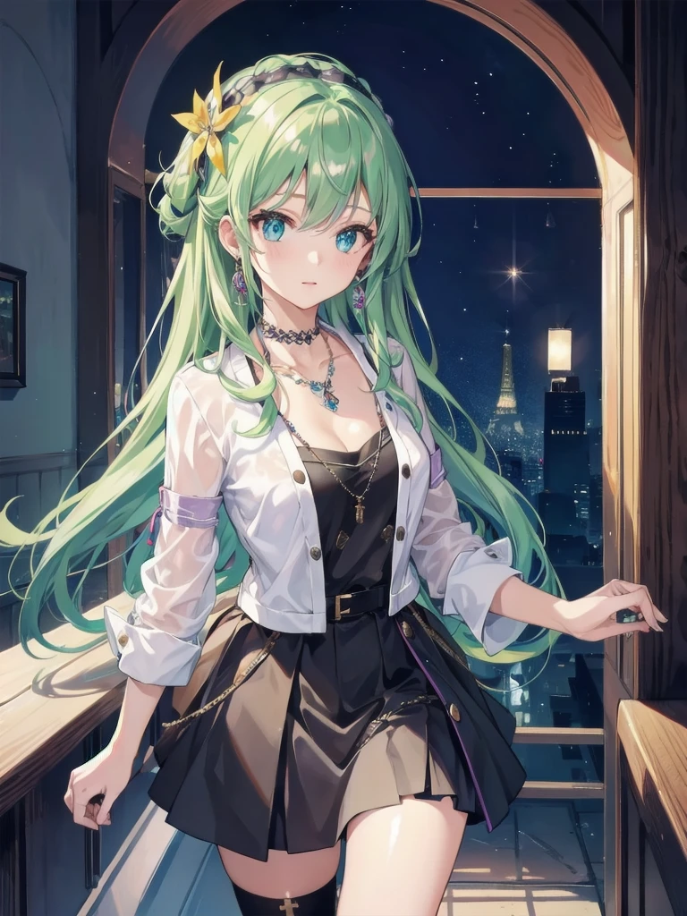 1 Girl, 最high quality, masterpiece, High resolution, [purple|Sliver|green] _hair, Black mini skirt, hair accessory, necklace, jewelry, Beautiful Face, I&#39;m looking forward to, Full body image, Realistic, Outdoor, Modern Square, Two-tone lighting, (Skin with attention to detail: 1.2), 8K Ultra HD, Digital SLR, Soft Light, high quality, Volumetric Light, Frank, photograph, High resolution, 4K, 8K, Background Blur