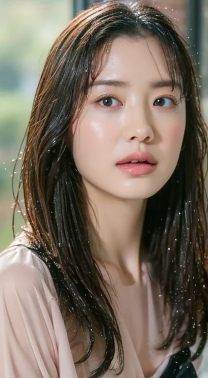 Beautiful and handsome woman, ((highest quality, 8k, masterpiece:1.3)), Beautiful woman, 1 female, Huge breasts:1.3, Slim figure:1.1, Bouncy dark brown hair, (shower, Wet body, Wet clothes:1.1), Highly detailed face, Detailed lips, Fine grain, double eyelid
