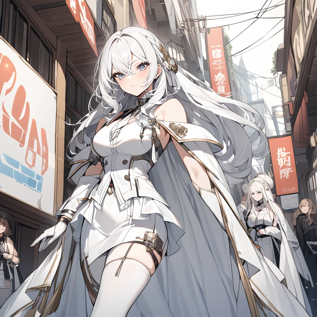 A woman wearing a white lady&#39;s dress., white gloves, a white lady&#39;s hat with a red flower, white heels, Red eyes, by rubio, wide, big breasts, long red fur cape, walking outside a luxury castle,close view, overlooking a luxurious garden with medieval decoration of the place, UHD, main job, necessary, anatomically correct, textured skin, Super details, high quality, Best Quality, 8k, high resolution, Bokeh effect. (Alone woman)
