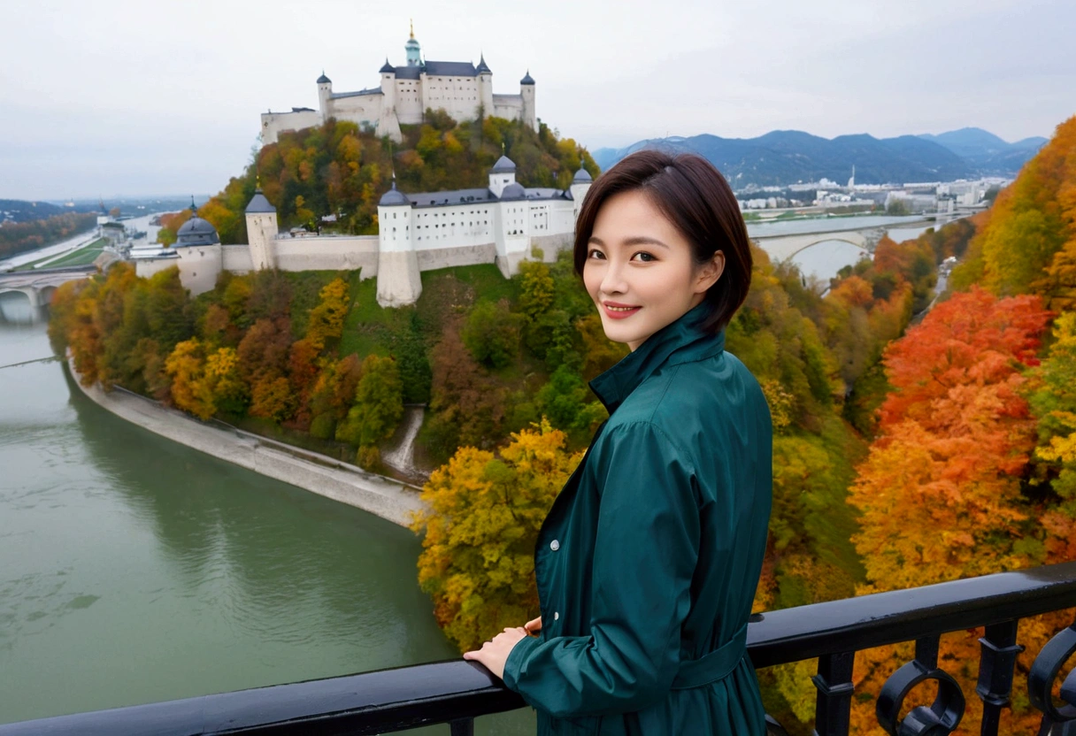 high quality, 1 woman, ((36-year-old healthy Korean woman)), ((36 years old)), 1 woman, The eyes are big, clear and pretty.. ((slim)), ((short medium hair)), Smile. pose: standing, windbreaker jacket, background:Your residence is a baroque townhouse with a plaster façade and wrought iron railings.., autumn, Maple, Overlooking the Burgburg River and Hohensalzburg Fortress, Germany, looking slightly up, 1 woman, Full body shot with Canon 16-34 wide angle lens, river view
