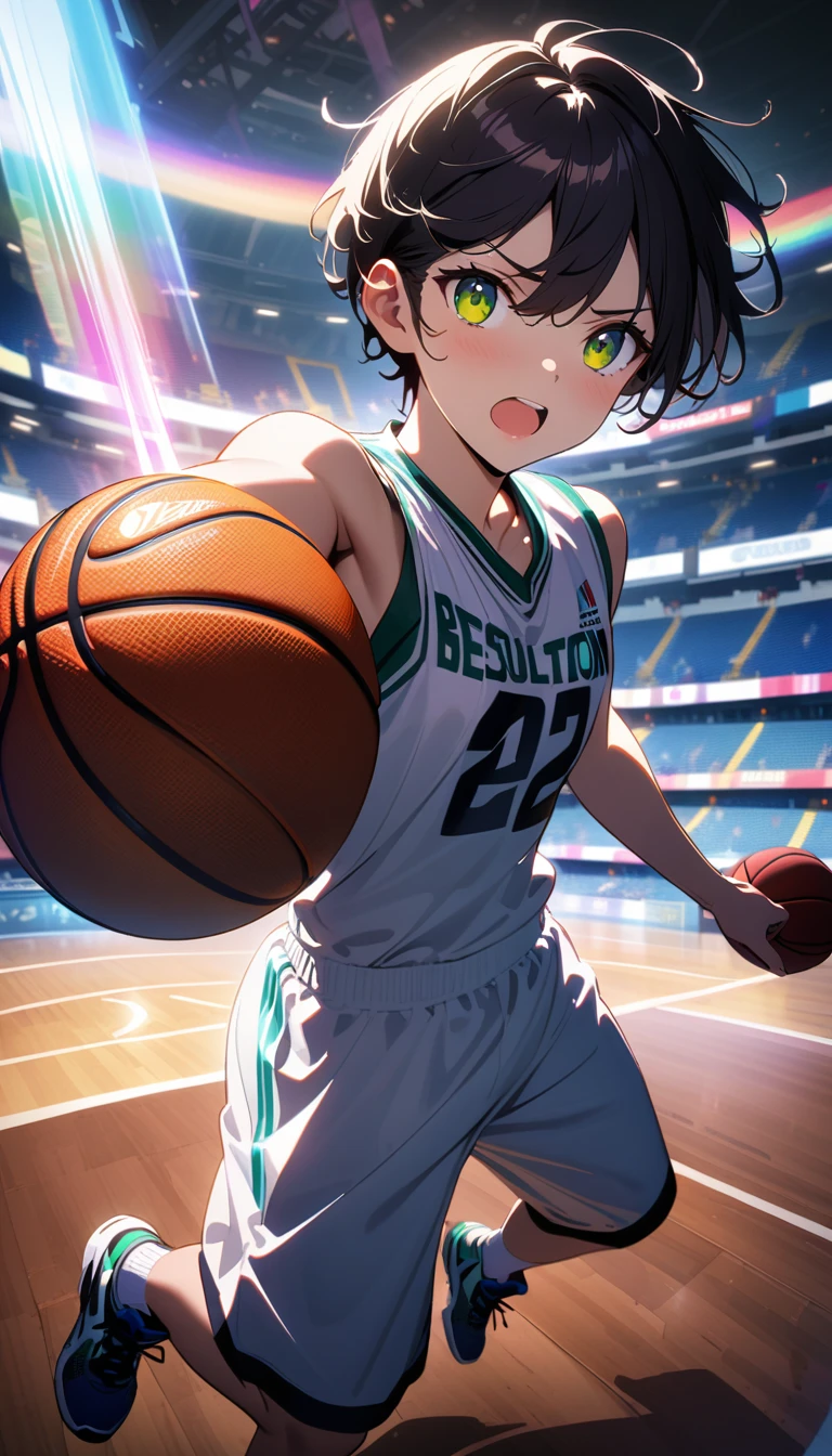 masterpiece, best quality, Very detailed, HD, Expensive solution, Human Development Report, Very detailed CG, Beautiful details, depth, Delicate texture, very good, Completely focused, Handsome man, 男basketball运动员, short hair, Black Hair, Emerald eyes,Game-Winning Dun, basketball服, basketball, Cold face and eyes, Ethereal atmosphere, Intricate details, Volumetric Lighting, Rainbow Colors, Atmospheric lighting, lens flare, light, 彩色light, particle, Black and white color scheme, Epic, Dramatic action, Dynamic Synthesis, Vibrant colors, Depth of Field, Detailed texture,Basketball court in the stadium, Surrounded by cheering audience,