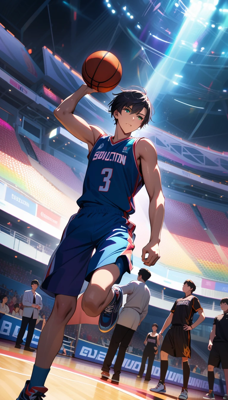 masterpiece, best quality, Very detailed, HD, Expensive solution, Human Development Report, Very detailed CG, Beautiful details, depth, Delicate texture, very good, Completely focused, Handsome man, 男basketball运动员, short hair, Black Hair, Emerald eyes,Game-Winning Dun, basketball服, basketball, Cold face and eyes, Ethereal atmosphere, Intricate details, Volumetric Lighting, Rainbow Colors, Atmospheric lighting, lens flare, light, 彩色light, particle, Black and white color scheme, Epic, Dramatic action, Dynamic Synthesis, Vibrant colors, Depth of Field, Detailed texture,Basketball court in the stadium, Surrounded by cheering audience,