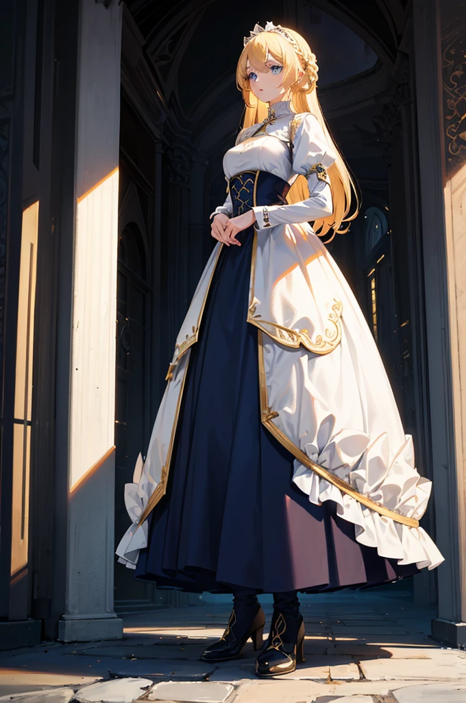 1woman, tall, blonde hair, blue eyes, dress, standing on ground, high res, ultra sharp, 8K, masterpiece