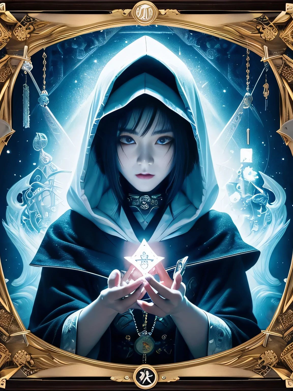 onmyoji,Metal Photo Frame,card,tarot cards:1.37.A mysterious fortune teller wearing a white hood,Finger taps an array of tarot cards in the air,Symbols and mystical elements,Ancient and mysterious atmosphere,Realistic illustration details,Vibrant and energetic composition,Dark Style,Gothic style