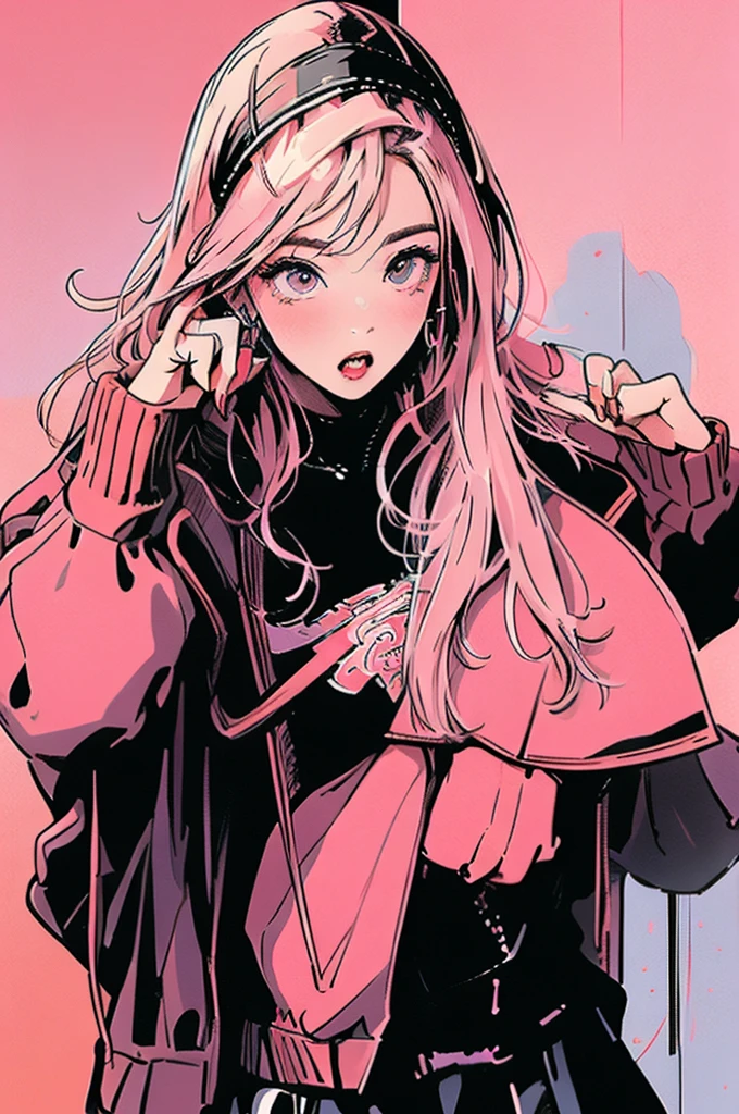 (masterpiece:1.2), Highest quality,Pixiv,Rebellious girl,Portraiture,Pink Hair,Black clothes,White Background,Facing right front,Surprised expression,with headband,Double Tail,Study at the table,praise,Chill,Private room
