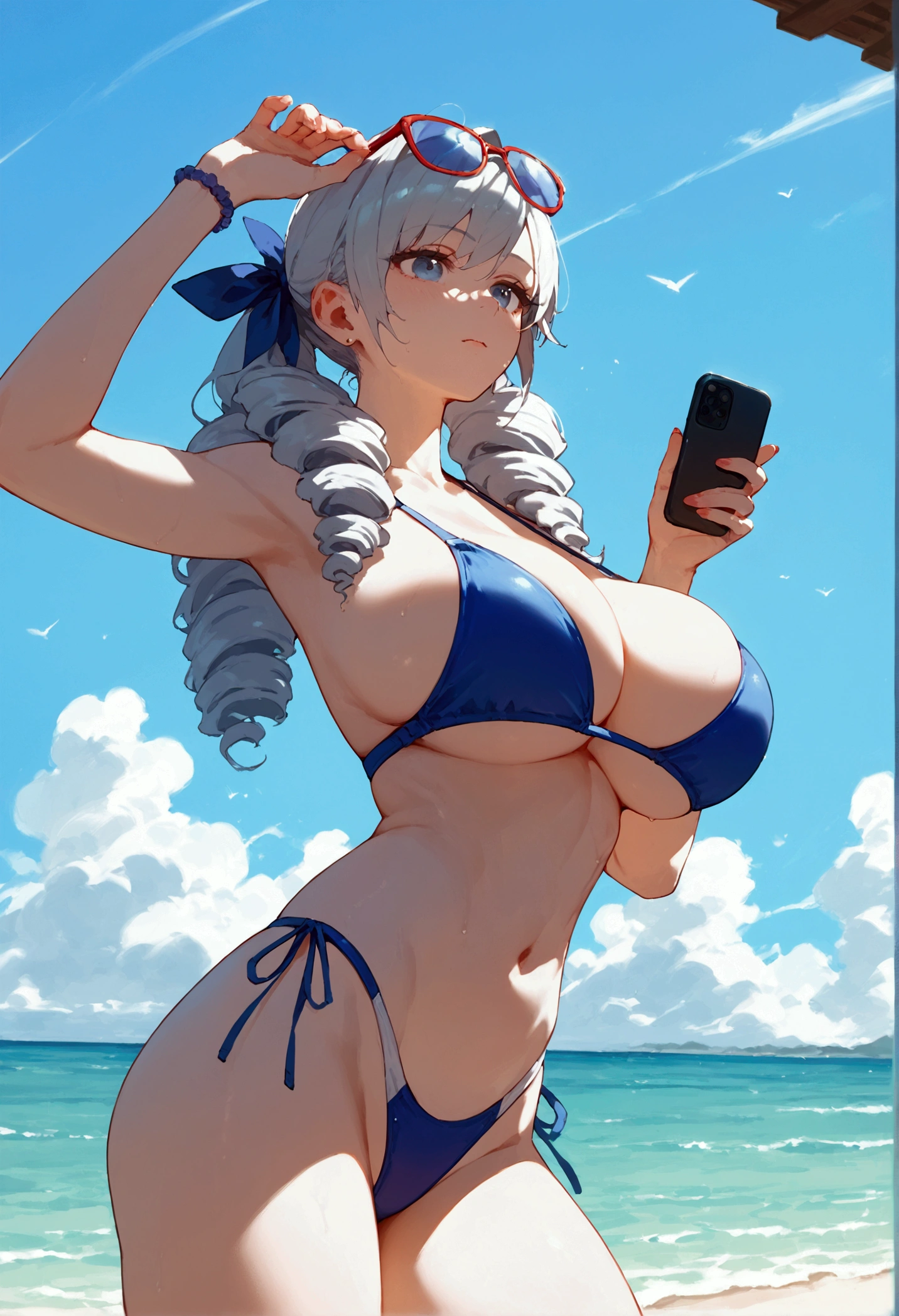 score_9, score_8_up, score_7_up, score_9, BREAK, 1girl,big breasts,1girl, solo, breasts, swimsuit, eyewear on head, drill hair, hair ornament, hair ribbon, holding phone, silverwolf