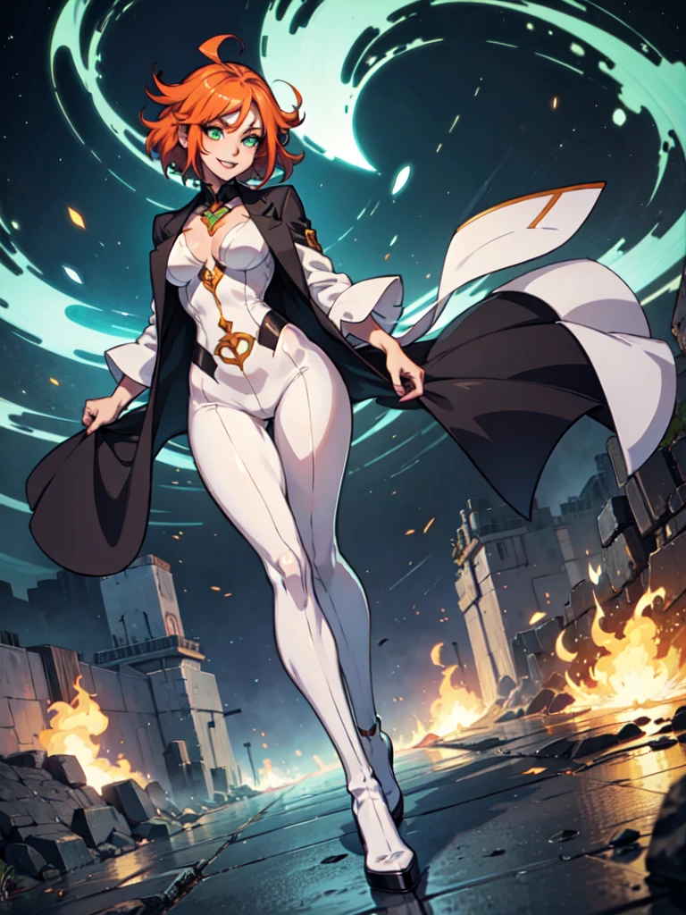 sexy, white skin, anime woman, happy, glowing green eyes, extremely short glowing orange hair, wearing a suit, big, full body