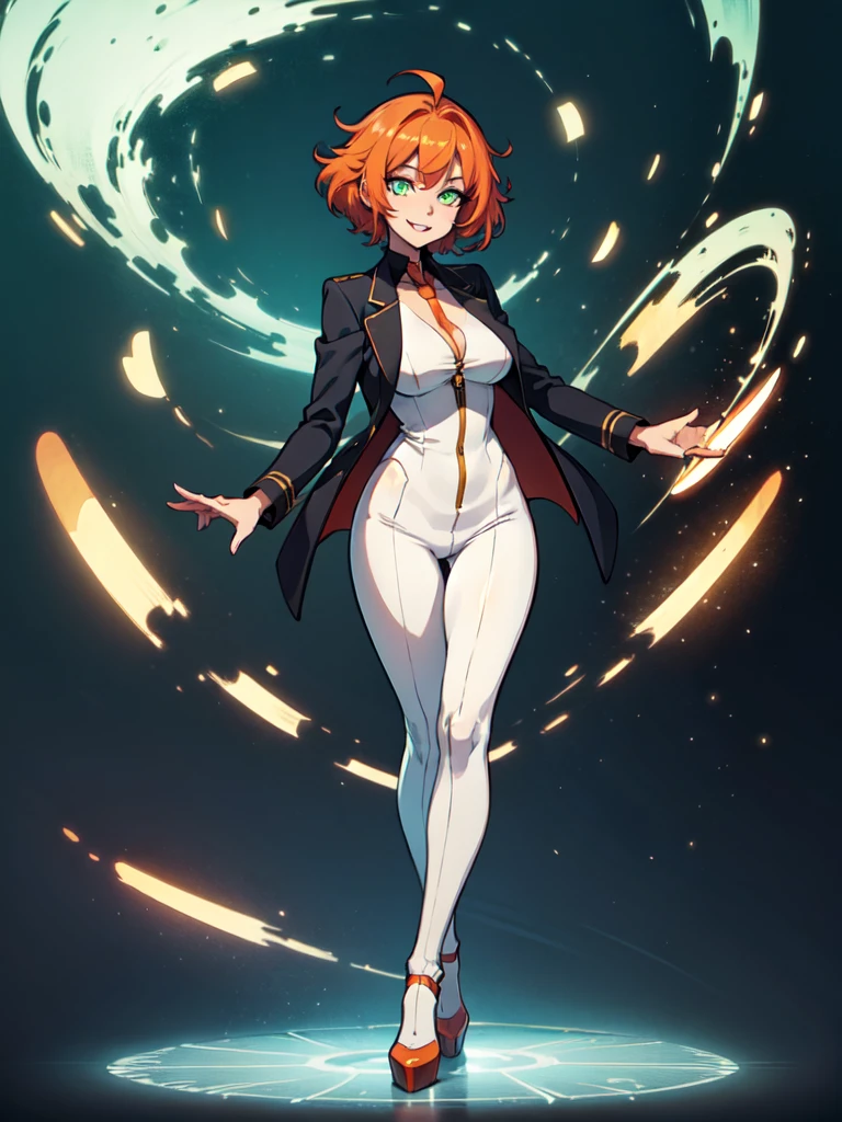 sexy, white skin, anime woman, happy, glowing green eyes, extremely short glowing orange hair, wearing a suit, big, full body