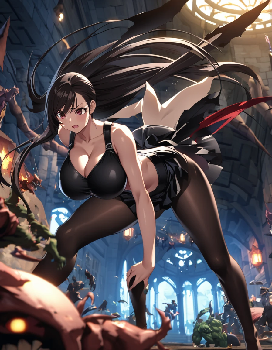 Final Fantasy 7 Tifa Lockhart　　Indoor at night　sexy　Wearing black pantyhose　Wearing a mini skirt、Wearing black clothing、Big Breasts、Stylish、Attack causes clothes to tear、Attacked by Goblins、Thin legs、Black long hair、bare hands