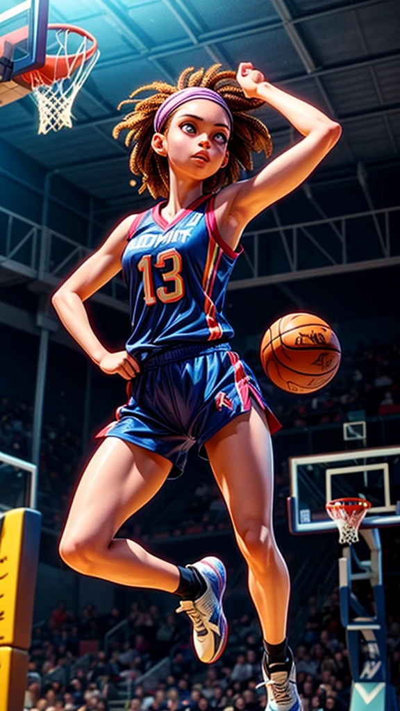 a beautiful girl basketball player, performing a powerful dunk shot, dramatic basketball court scene, extremely detailed face and body, beautiful eyes and lips, dynamic action pose, realistic 3D rendering, cinematic lighting, vibrant colors, photorealistic, masterpiece, 8k, hyper detailed