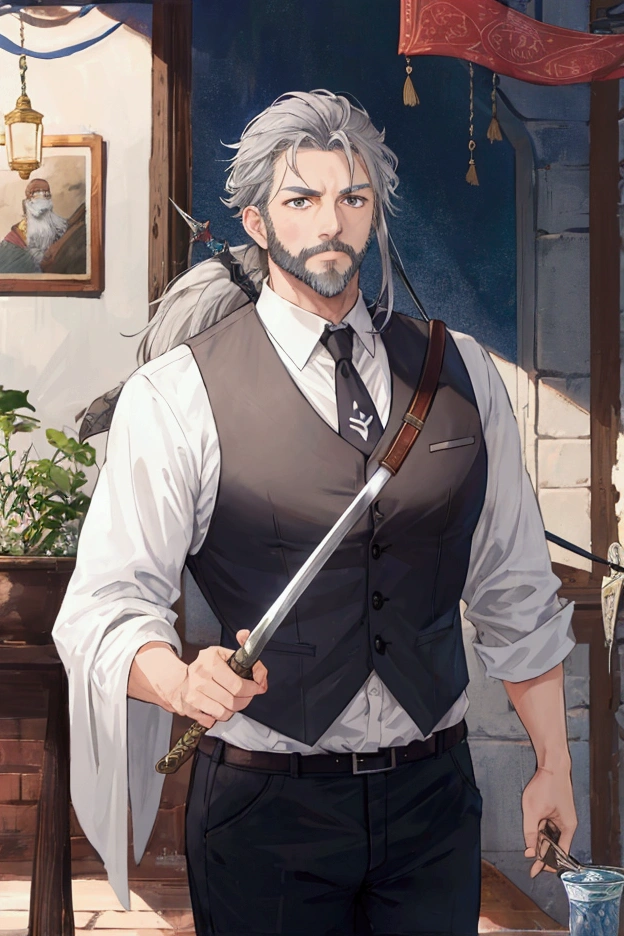 Middle-aged men、Gray Hair、Short Beard、Adventurer Appearance、Hold the Sword