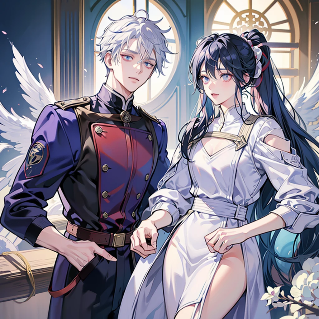 Adult sensei with striking appearance. Bright white hair with a blue streak running through it. warm tone skin. Almond-shaped eyes with a fascinating lilac shade adorned with a star-shaped pupil. On the back there are two huge brown wings.. Wear a hero suit. anime style Boku no Hero academia. bnha