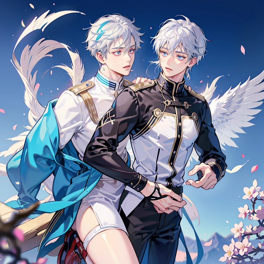Adult sensei with striking appearance. Bright white hair with a blue streak running through it. warm tone skin. Almond-shaped eyes with a fascinating lilac shade adorned with a star-shaped pupil. On the back there are two huge brown wings.. Wear a hero suit. anime style Boku no Hero academia. bnha