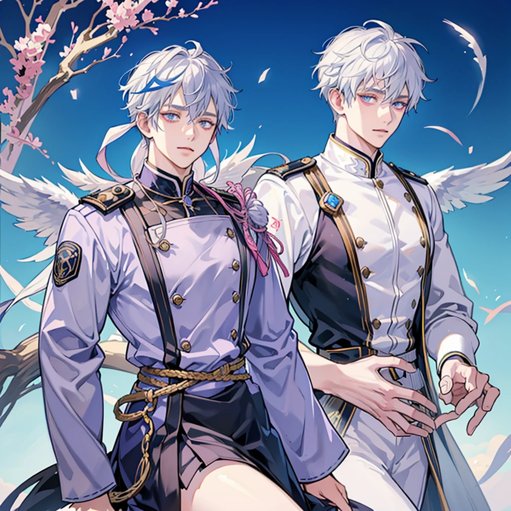 Adult sensei with striking appearance. Bright white hair with a blue streak running through it. warm tone skin. Almond-shaped eyes with a fascinating lilac shade adorned with a star-shaped pupil. On the back there are two huge brown wings.. Wear a hero suit. anime style Boku no Hero academia. bnha