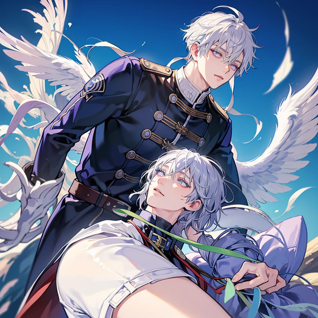 Adult sensei with striking appearance. Bright white hair with a blue streak running through it. warm tone skin. Almond-shaped eyes with a fascinating lilac shade adorned with a star-shaped pupil. On the back there are two huge brown wings.. Wear a hero suit. anime style Boku no Hero academia. bnha