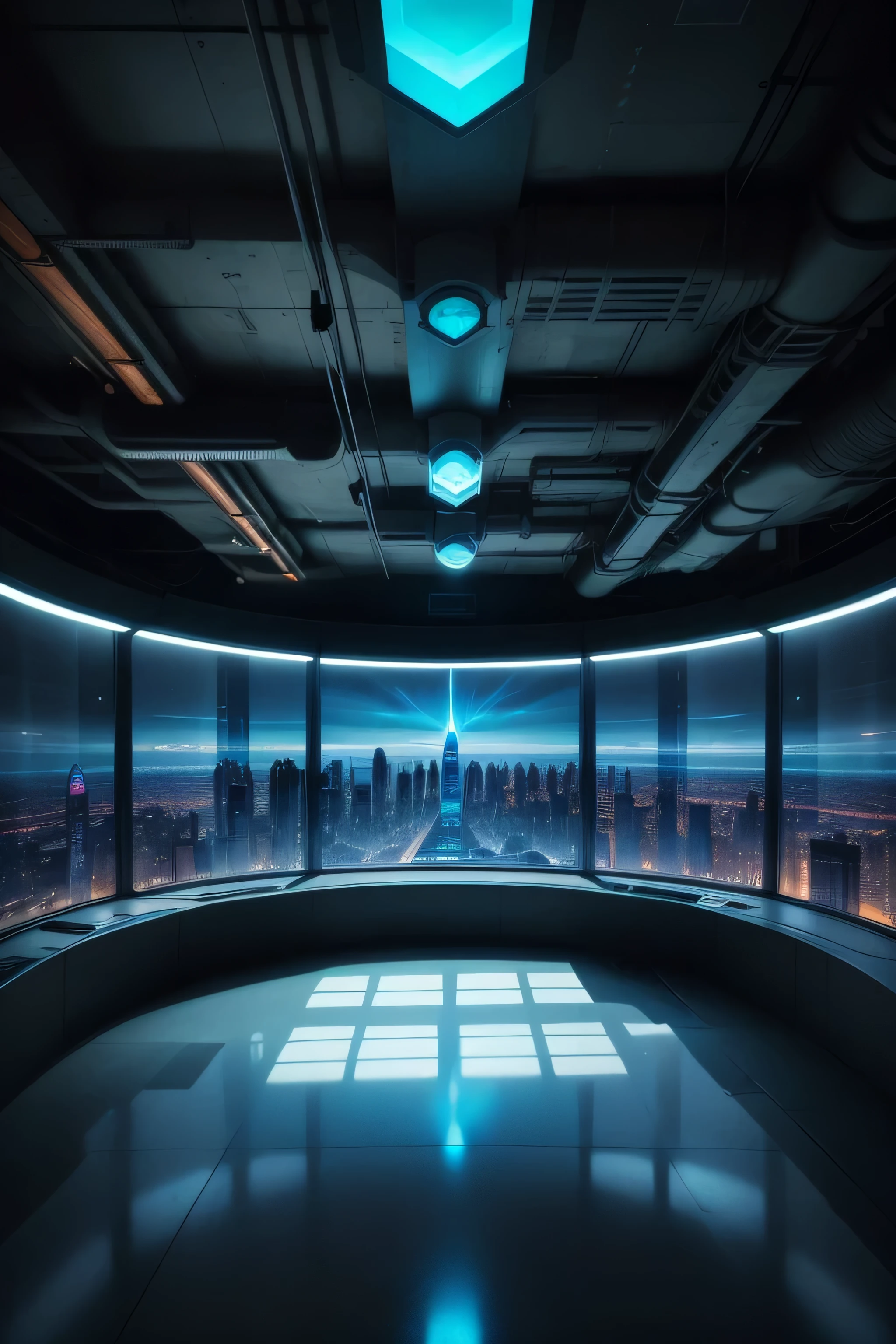 Underground research lab with reinforced walls and state-of-the-art equipment. The room is filled with glowing consoles and holographic displays, Casting a cool, Blue light. Advanced and autonomous drones stationed at various workstations. A window at the far end of the room offers an amazing view of the futuristic cityscape. This setup allows for seamless integration of head-on video into the foreground, A vibrant city skyline as a stunning backdrop for your display. --16:9-5 o'clock