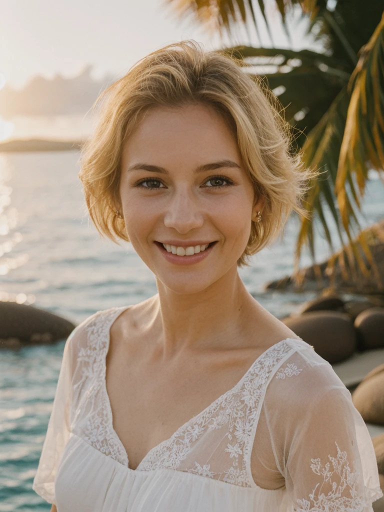 Camille Durand, 1girl, solo, realistic, photorealistic, high quality picture, 8k, high resolution, detailed quality, film grain, natural photo, ultrarealistic, (((25-years-old))), ((detailed wrinkles in her face)), (((Seychelles woman))), (Background: plush beddings), (blonde Short hair)), Light smile, mesh see through dress, sunrise, upper body and upper legs