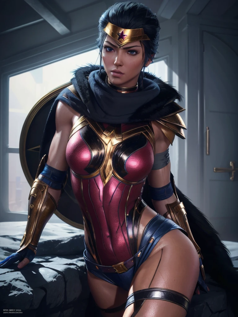 (Best Quality, high resolution, artwork :1.3), Very detailed texture of the face and skin., detailed eyes, double eyelid, Wonder Woman,DC,Alternative hairstyle,black fur,Blue eyes,looking at the viewer,muscled woman,shiny skin,legs open,correa,top-less