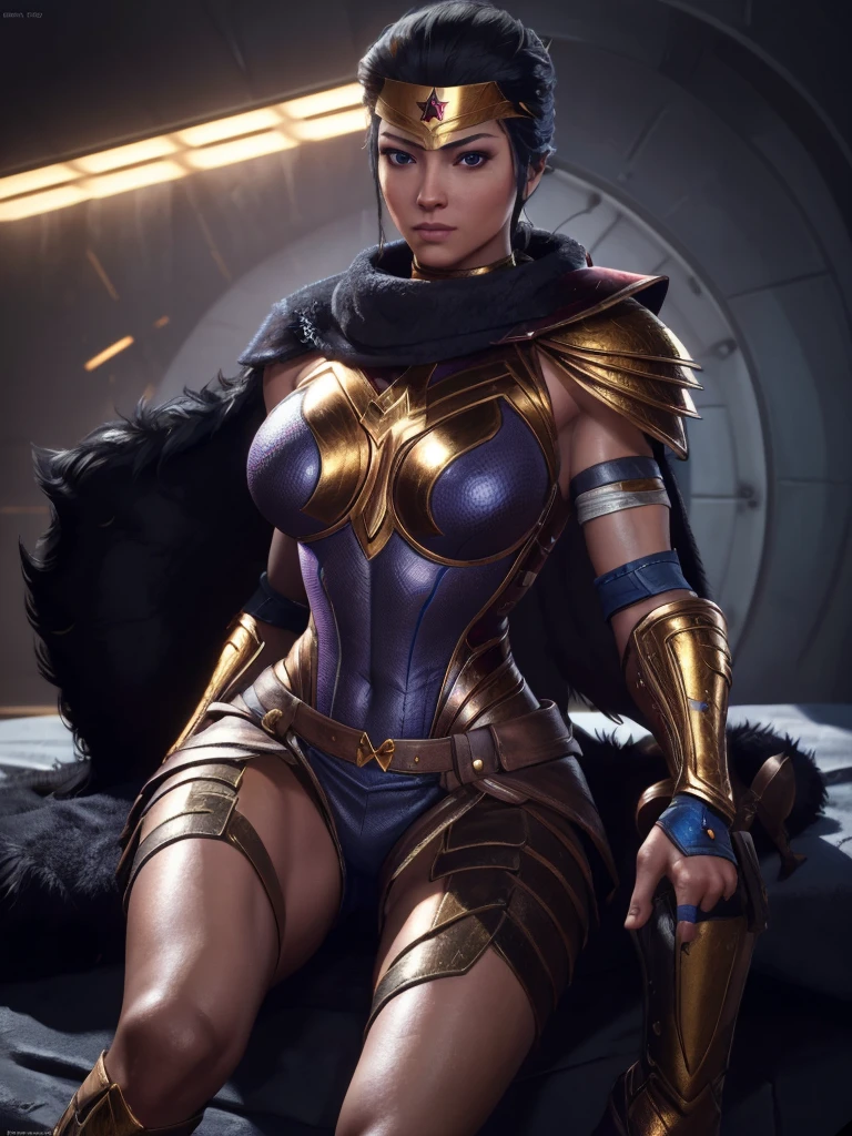 (Best Quality, high resolution, artwork :1.3), Very detailed texture of the face and skin., detailed eyes, double eyelid, Wonder Woman,DC,Alternative hairstyle,black fur,Blue eyes,looking at the viewer,muscled woman,shiny skin,legs open,correa,top-less