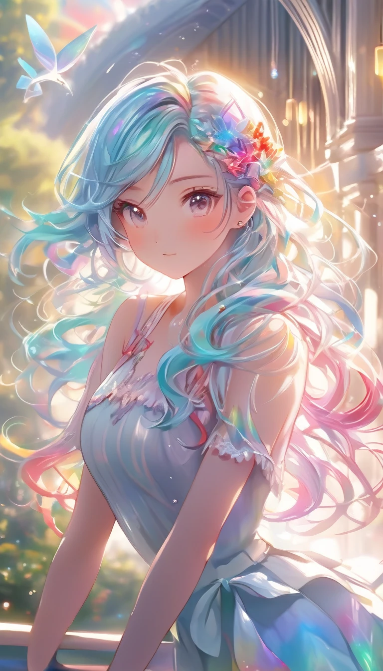 a girl,rainbow colored hair,Romanticized nature,curls,A dreamlike realm,light white and light red,light white and cyan,HD,high detail,high quality,Very good atmosphere,exquisite,CG rendering,Detailed rendering,(exquisite facial portrayal)(Fine hair depiction)(best quality)(Master masterpieces)(High degree of completion)(a sense of atmosphere)(bust)