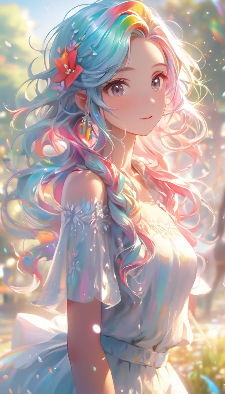 a girl，rainbow colored hair，Romanticized nature，curls，A dreamlike realm，light white and light red，light white and cyan，HD，high detail，high quality，Very good atmosphere，exquisite，CG rendering，Detailed rendering，（exquisite facial portrayal）（Fine hair depiction）（best quality）（Master masterpieces）（High degree of completion）（a sense of atmosphere）（bust）
