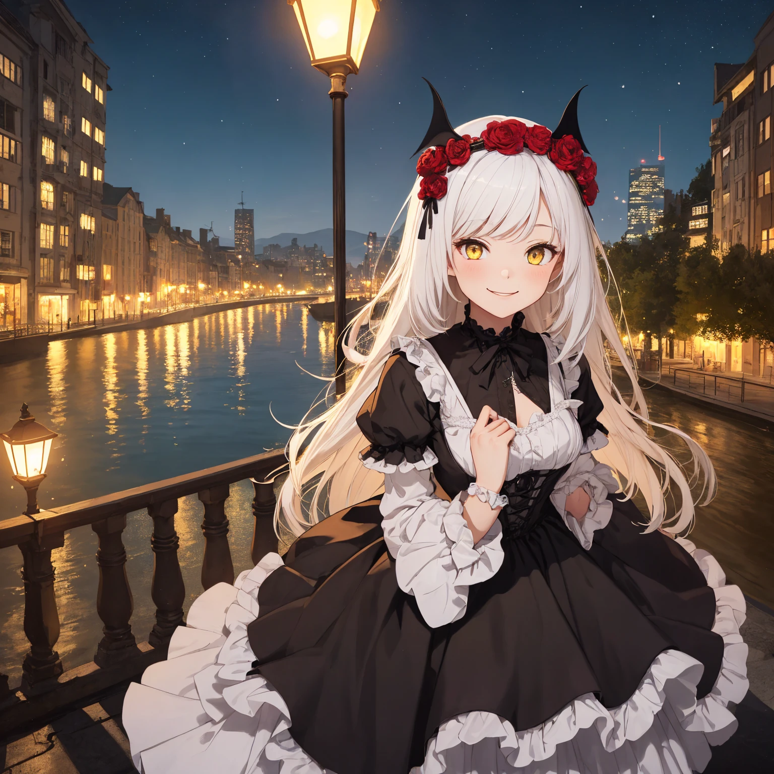 girl with, sorcerer, the witch, outdoors, Red and black gothic ta, Dresses with ruffles, Smiling, white hair, yellow eyes, bat wings on head, cityscape, lake, night, night sky, lean against a lamp post, arms to chest, staring at the city