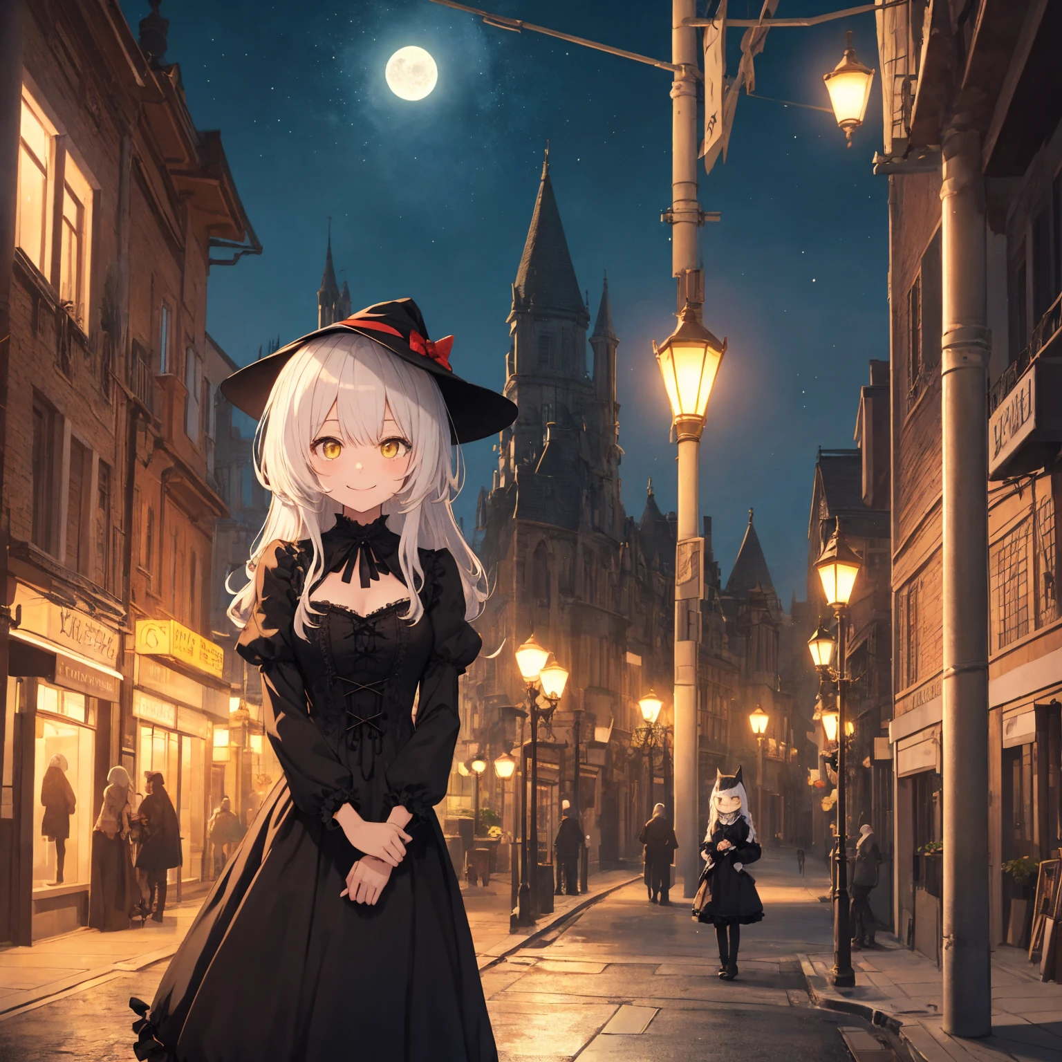 girl with, sorcerer, the witch, outdoors, Red and black gothic ta, Dresses with ruffles, Smiling, white hair, yellow eyes, bat wings on head, cityscape, lake, night, night sky, lean against a lamp post, arms to chest, staring at the city