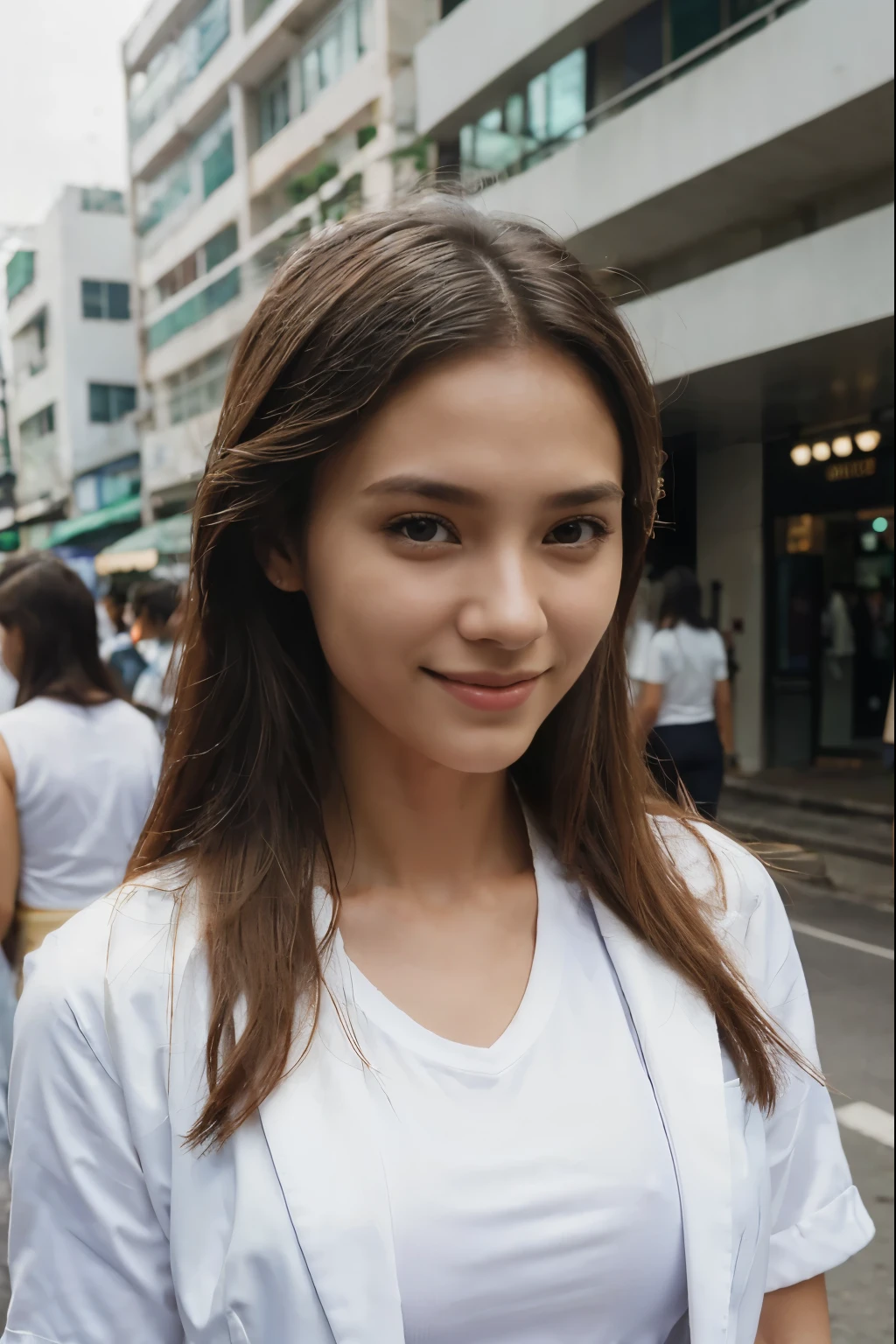 masterpiece, best quality:1.4, realisticlying:1.4, close up,1girl skinny with beautiful skin (bright skin), white Tshirt, sport jacket, shy smile, long hair, skinny arm, lovely eyes, afternoon, outdoor, Bangkok city street background,