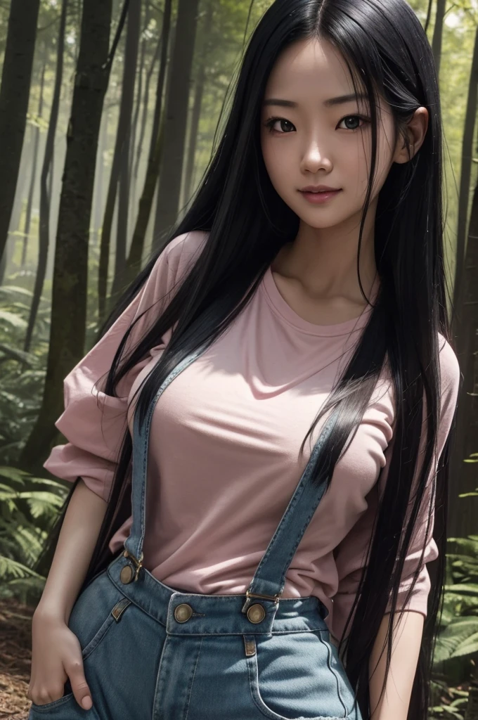 8k,Photorealistic RAW photos of the highest quality。so beautiful(Like the real thing顔) Bright colors、Image of a perfect woman,Art Station Trendasterpiece、8k resolution、Character Art,Ultra-high resolution,,Mr..々Pause,charm,sexy,Rich colors, Backlight, Cinema Lighting, Film Grain, to be born, 50mm lens, Nikon D850,compensate,Ultra-Realistic Skin,Rich colors, Backlight, Cinema Lighting, Film Grain, to be born, 50mm lens, Nikon D850,smile,In a super realistic forest,Very big breastsの,so beautiful(Like the real thing),Ultra-high resolution,Like the real thing見える肌,Horror movie shot of spooky,Very long Straight black hair, Sadako,so beautiful(Like the real thing),Three-part method, Tone color scheme, mystery, Horror, spooky, spooky, Denis Villeneuve style, Movie stills, Cinestill 800,Fantasy art,Character Art,sexyな,Scary Form,Grudge,dissatisfaction,Very large breasts,smile,Pink T-shirt,Overalls,sneakers,(Wear backwards),