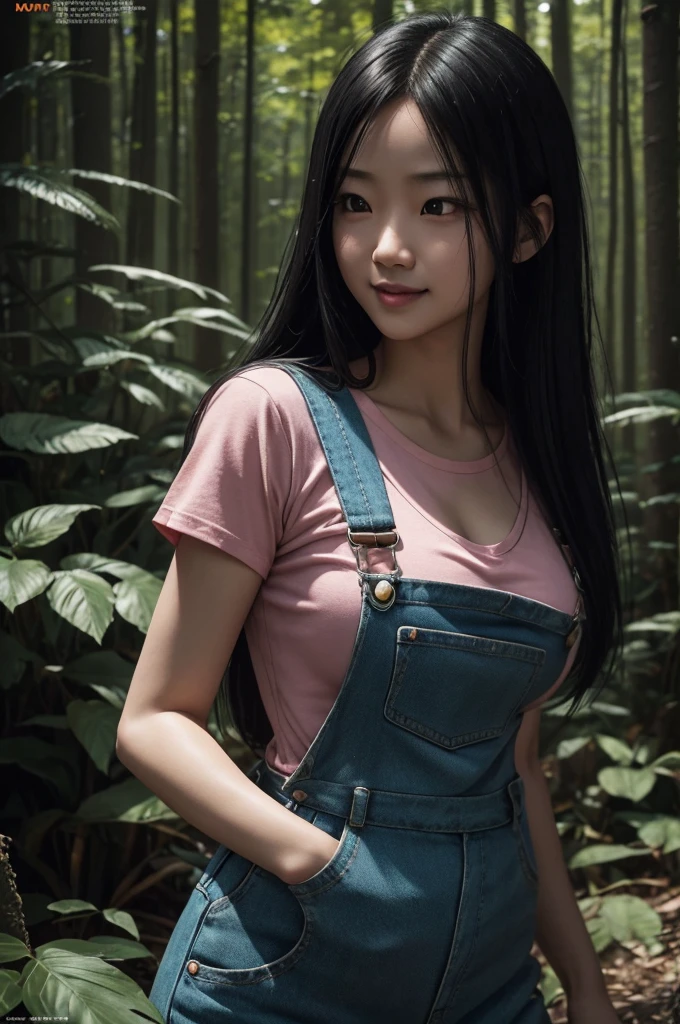 8k,Photorealistic RAW photos of the highest quality。so beautiful(Like the real thing顔) Bright colors、Image of a perfect woman,Art Station Trendasterpiece、8k resolution、Character Art,Ultra-high resolution,,Mr..々Pause,charm,sexy,Rich colors, Backlight, Cinema Lighting, Film Grain, to be born, 50mm lens, Nikon D850,compensate,Ultra-Realistic Skin,Rich colors, Backlight, Cinema Lighting, Film Grain, to be born, 50mm lens, Nikon D850,smile,In a super realistic forest,Very big breastsの,so beautiful(Like the real thing),Ultra-high resolution,Like the real thing見える肌,Horror movie shot of spooky,Very long Straight black hair, Sadako,so beautiful(Like the real thing),Three-part method, Tone color scheme, mystery, Horror, spooky, spooky, Denis Villeneuve style, Movie stills, Cinestill 800,Fantasy art,Character Art,sexyな,Scary Form,Grudge,dissatisfaction,Very large breasts,smile,Pink T-shirt,Overalls,sneakers,(Wear backwards),