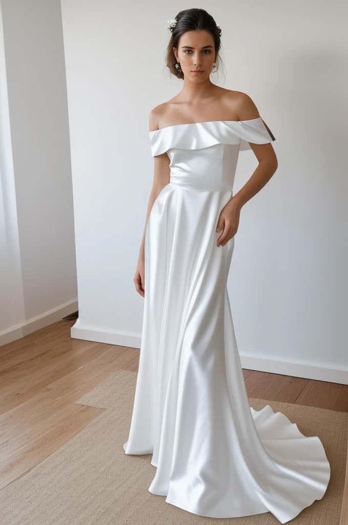 Best quality, 8k, 32k, Masterpiece, Masterpiece, (Photorealistic: 1.4), RAW photo, ultra realistic, 1girl, Fashion model, Wearing a off shoulder wedding dress, satin fabric, full length view, pose Stand upright in white room with a minimalist design, featuring white walls and a clean, modern aesthetic.