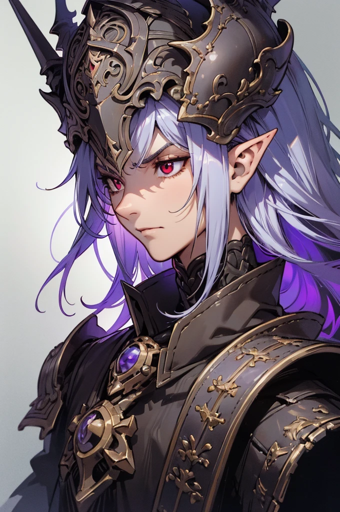 (Top quality details:1.22), 8K, High Resolution, Super detailed, High-quality texture, Intricate details, Detailed Texture, In detail, High detail, High Quality Shadows, handsome face down to the last detail, Beautiful and kind eyes, Depth of written boundary, dark theme, 1boy, (dungeonpunk armor), (mechanical steampunk armor), (wearing armor), fantasy illustration, dark skinned, human, upper body, portrait, red eyes, long white hair, half-drow, pointy ears, serious face, young man, dramatic lighting, purple hue, art by Kinema Citrus