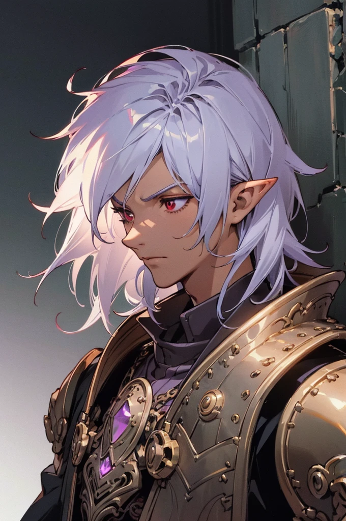 (Top quality details:1.22), 8K, High Resolution, Super detailed, High-quality texture, Intricate details, Detailed Texture, In detail, High detail, High Quality Shadows, handsome face down to the last detail, Beautiful and kind eyes, Depth of written boundary, dark theme, 1boy, (dungeonpunk armor), (mechanical steampunk armor), (wearing armor), fantasy illustration, dark skinned, human, upper body, portrait, red eyes, long white hair, half-drow, pointy ears, serious face, young man, dramatic lighting, purple hue, art by Kinema Citrus