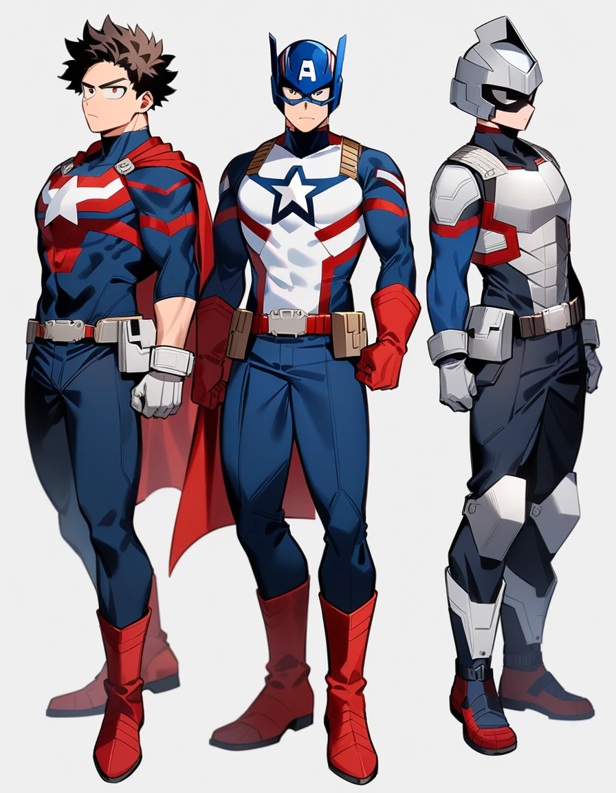 One boy, male focus, brown short hair, boku no hero academia, Izuku Midoriya look alike, masterpiece, best quality, very aesthetic, blue, red, white and silver super hero suit, Dark blue chest armor with a white star on the center of the chest. Red and white accents, Red gloves with silver details and a white star on top, Fitted Dark blue pants with red and white accents and a utility belt, Durable Dark red boots with silver details, Red cape with white edges, short and flowing, a sleek helmet with a visor, captain america like suit, proportionally anatomical, full body illustration, The posture should be upright and confident, with a serious facial expression.