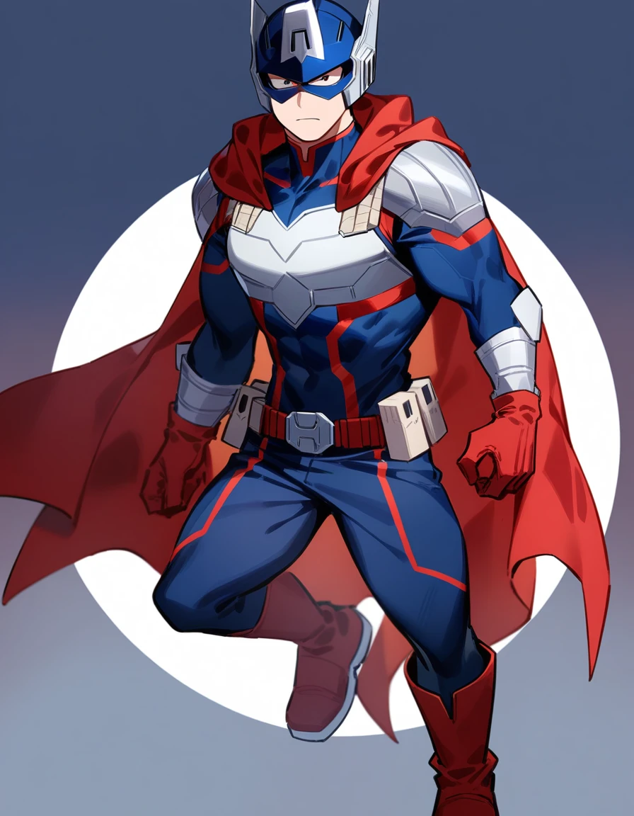 One boy, male focus, brown short hair, boku no hero academia, Izuku Midoriya look alike, masterpiece, best quality, very aesthetic, blue, red, white and silver super hero suit, Dark blue chest armor with a white star on the center of the chest. Red and white accents, Red gloves with silver details and a white star on top, Fitted Dark blue pants with red and white accents and a utility belt, Durable Dark red boots with silver details, Red cape with white edges, short and flowing, a sleek helmet with a visor, captain america like suit, proportionally anatomical, full body illustration, The posture should be upright and confident, with a serious facial expression.