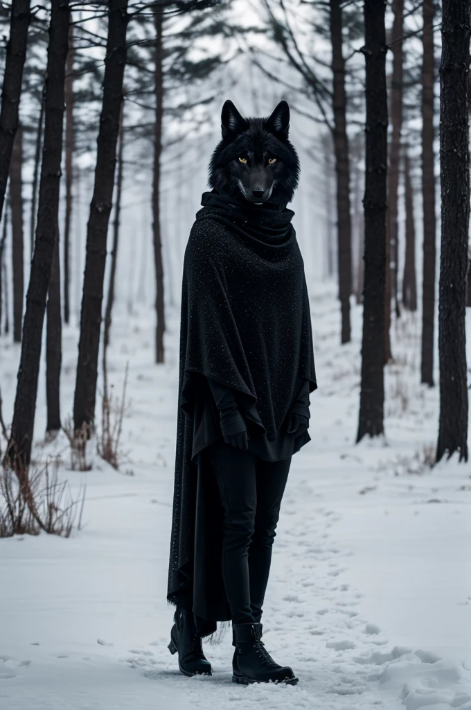 Lone Black Wolf that have humanoid body structure standing wearing black shroud in the winter.