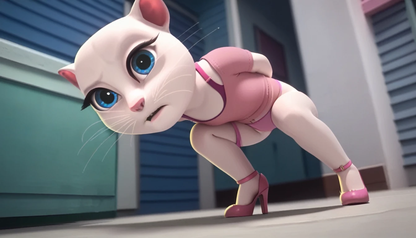 solo focus, a_la, 1girl, cat, white fur, long whiskers on both sides of the face, big bright blue eyes, big black eyelashes, pink nose, triangular ears with pink channels, high heels, pink panties pulled down. The woman's legs are together, her hands are on her ass, and 1 man person. looking at the viewer. Bottom view of her ass with focus on atl. The woman squats on the ground and has sex with the man's penis in her ass.