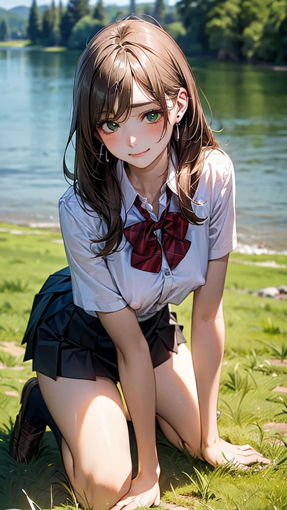 (masterpiece:1.2, top-quality), (realistic, photorealistic:1.4), beautiful illustration, (natural side lighting, movie lighting), 
looking at viewer, cowboy shot, front view:0.6, 1 girl, japanese, high school girl, perfect face, cute and symmetrical face, shiny skin, 
(long hair:1.8, straight hair:1.7, light brown hair), parted bangs, emerald green eyes, long eye lasher, (large breasts:0.9, thick thighs), 
beautiful hair, beautiful face, beautiful detailed eyes, beautiful clavicle, beautiful body, beautiful chest, beautiful thigh, beautiful legs, beautiful fingers, 
((, white collared shirts, black pleated mini skirt, black socks, brown loafers, red bow tie)), break, hoop ring earrings, pink panties, dark blue school bag, violet cardigan, break,
(beautiful scenery), evening, riverside, walking, hands on chest, (lovely smile, upper eyes), A masterpiece, top quality, highest definition, 32K, one big dog, one beautiful woman. Platinum blonde, straight hair in one length. Slit eyes, green eyes, model like, beautiful,
shirt, mini tight skirt. On all fours in a grassy field, a dog hugs the woman's back.
Woman's face, bright red, flushed,One large dog on all fours, a girl, on all fours in a grassy meadow, the dog is holding the woman from behind, close to her waist, and mating with her.

.A girl is on all fours in a grassy field. She is carrying a large dog on her back and mating with him.
Her face is bright red and flushed, her brow is furrowed, her eyes are closed, and her mouth is open in anguish.
Her nipples stand out, even in her shirt.
(Very short skirt)