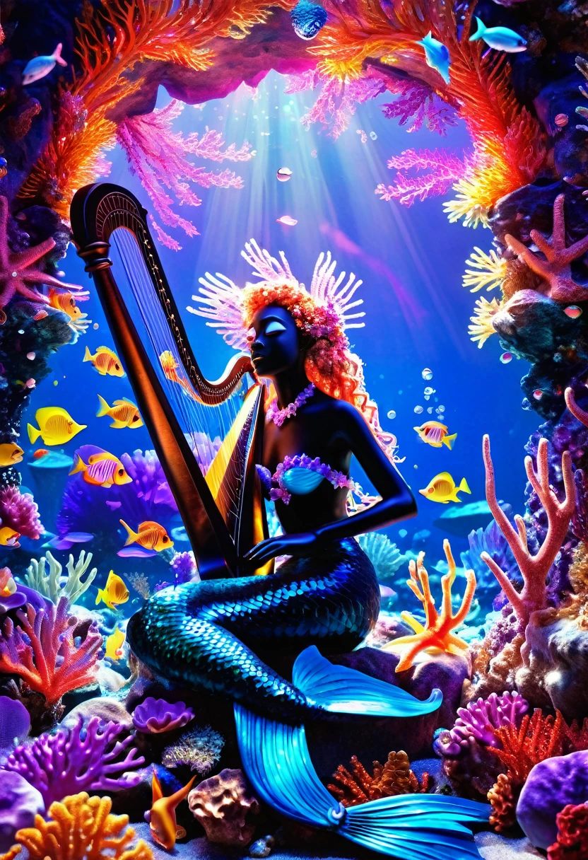 A luminescent 3D render of a black mermaid underwater playing the harp, reclining amidst a kaleidoscopic of coral reefs and seashells, jelly fish, starfish, fish with multiple colours shimmering with an otherworldly glow, like a celestial omen. The image bursts with vibrant, exaggerated hues, reminiscent of Pixar's fantastical realms, illuminated by a dramatic ring light that underscores the surreal quality of this intergalactic oasis.