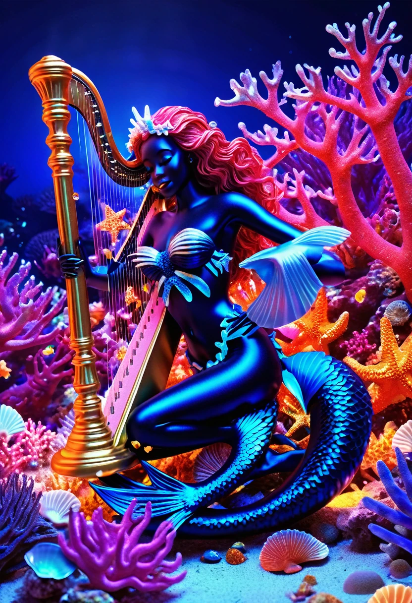 A luminescent 3D render of a black mermaid underwater playing the harp, reclining amidst a kaleidoscopic of coral reefs and seashells, jelly fish, starfish, fish with multiple colours shimmering with an otherworldly glow, like a celestial omen. The image bursts with vibrant, exaggerated hues, reminiscent of Pixar's fantastical realms, illuminated by a dramatic ring light that underscores the surreal quality of this intergalactic oasis.