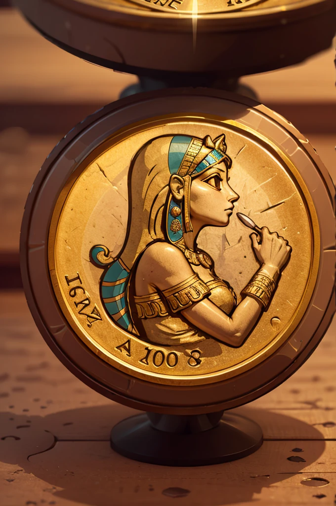 new coins with numbers and Cleopatra's profile engraved. Cleopatra overseeing the minting process.