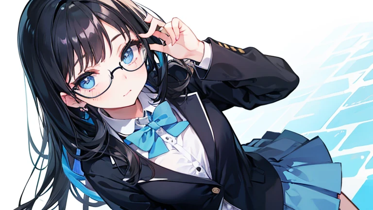 young girl, high , skirt, light blue eyes, black hair, glasses