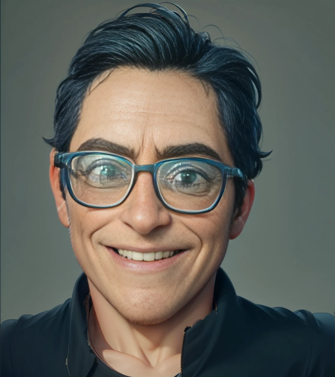 Pixar 3D style animation character, a man, short side-parted hair, glasses, wearing a dark green t-shirt, light blue background. blueprints, 3D realistic rendering, high resolution textures, dramatic lighting, expressive caricatures, smiling facial expressions, dramatic intense perspectives