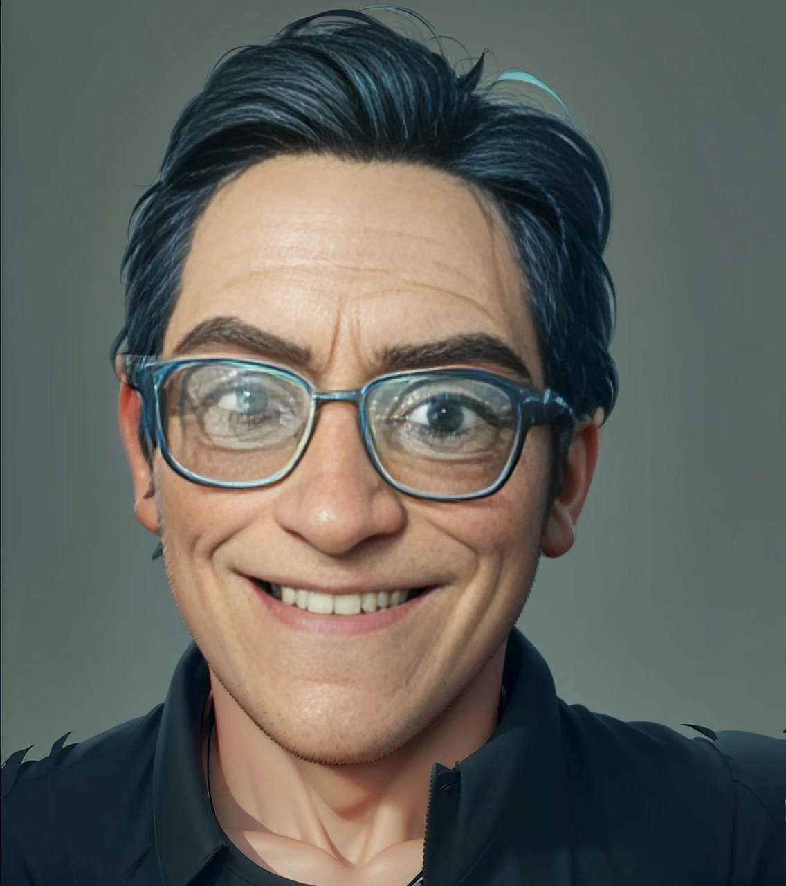 Pixar 3D style animation character, a man, short side-parted hair, glasses, wearing a dark green t-shirt, light blue background. blueprints, 3D realistic rendering, high resolution textures, dramatic lighting, expressive caricatures, smiling facial expressions, dramatic intense perspectives