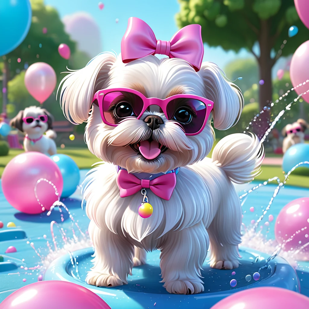 Adorable small white Shih Tzu puppy wearing pink sunglasses pink bows pink tutu at park at birthday playing with the water hose balloons flying 3d cartoon 3d render disney pixar style