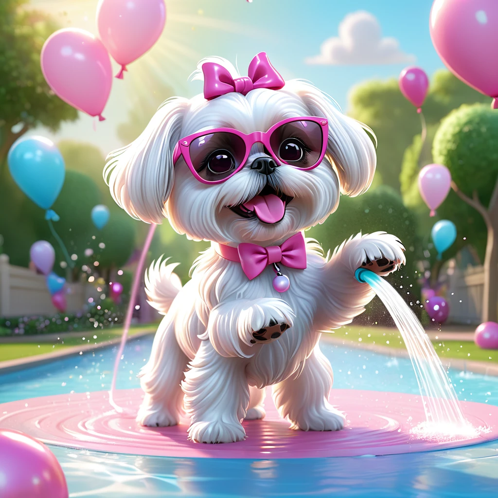 Adorable small white Shih Tzu puppy wearing pink sunglasses pink bows pink tutu at park at birthday playing with the water hose balloons flying 3d cartoon 3d render disney pixar style