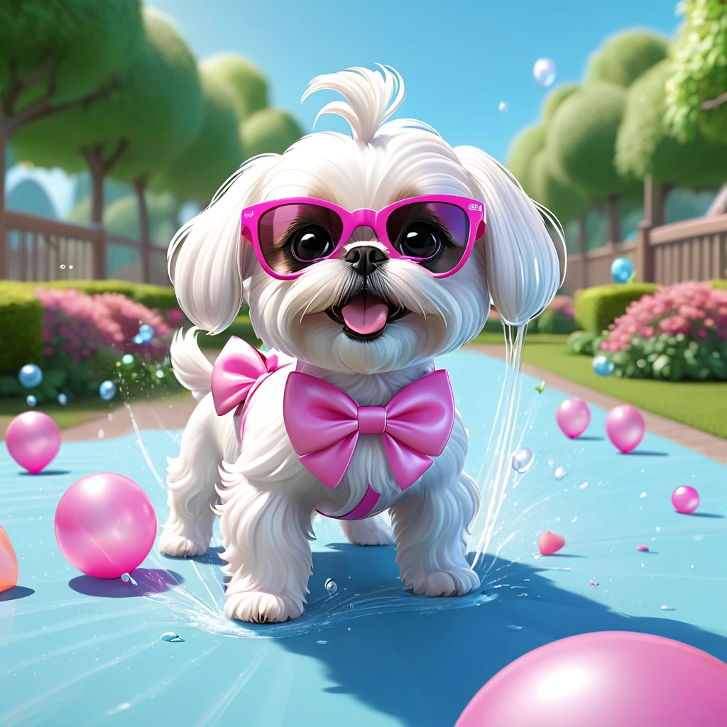 Adorable small white Shih Tzu puppy wearing pink sunglasses pink bows pink tutu at park at birthday playing with the water hose balloons flying 3d cartoon 3d render disney pixar style