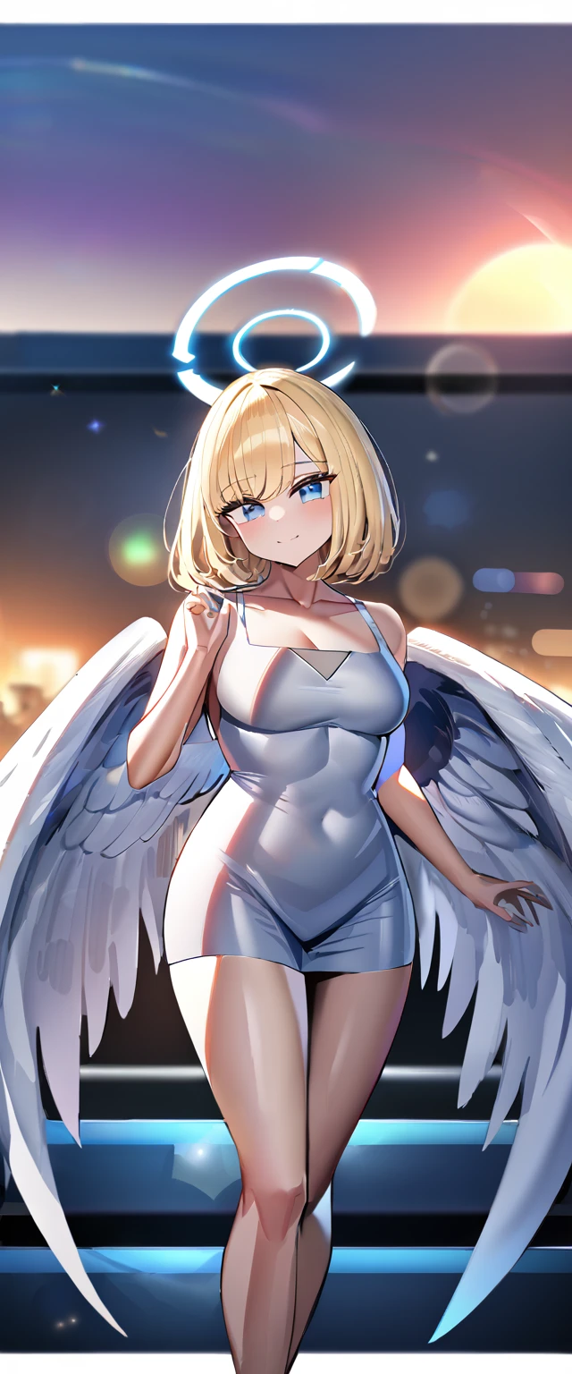 (((One girl))), (((cowboy shot))), ((flying)), ((angel, big big white wings:1.2, halo:1.3)), Uriel, greek mythology white costume, bare legs, ((wavy hair, outward curled hair)), evening, Sunset, ((blond hair, bob cut:1.3)), breasts, standard body, (looking at viewer), oversized clothes, collarbone, head tilt:1.3, (((blue eye))), ((happy smile)), (((anime style))), (best quality, 4K, 8K, highres, masterpiece:1.2, ultra-detailed, ultra-detailed eyes, HDR, uhd, studio lighting, ultra-fine painting, sharp focus, physically-based rendering, extreme detail description, professional, vivid colors, bokeh), ((Highest quality, Best image quality, Ultra-high resolution, Ultra-high resolution, solo, Strong eye highlights)), Depth of written boundary, Natural soft light, attractive, Beautiful Face, Cleanliness, Pure Face, medium chest, Beautiful Face, Perfect Fingers, Perfect hands, Perfect body, Perfect Face, Shine a light into your eyes, Perfect Anatomy，Blue hair，cute